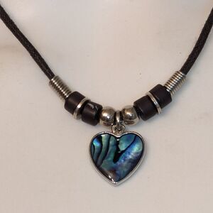 Vintage blue albalone heart pendant on cord necklace